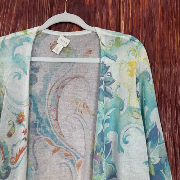Chicos Multicolor Sheer Cardigan Multicolor Floral Artsy Womens Size 2 / Large L - Picture 2 of 7